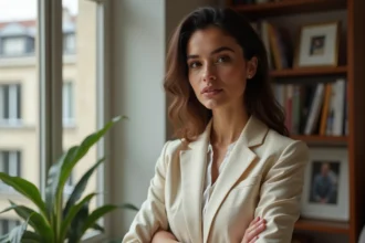 Portrait d'une femme d'origine nord-africaine en blazer crème dans un appartement parisien, évoquant les racines culturelles et familiales