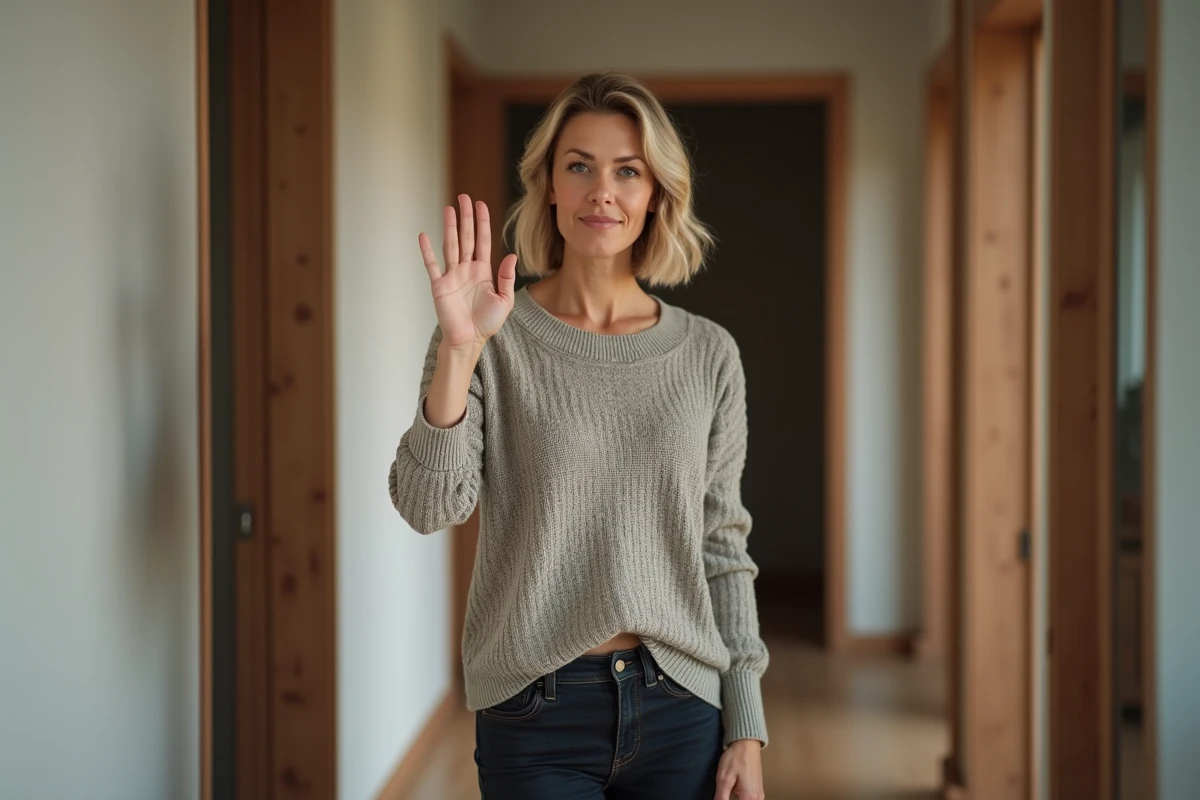 Femme tenant sa position à l'entrée d'un couloir, exprimant un refus calme et déterminé sans justification