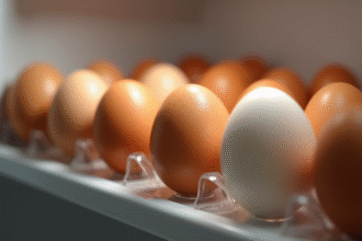 Douzaine d'oeufs dans un réfrigérateur avec lumière naturelle