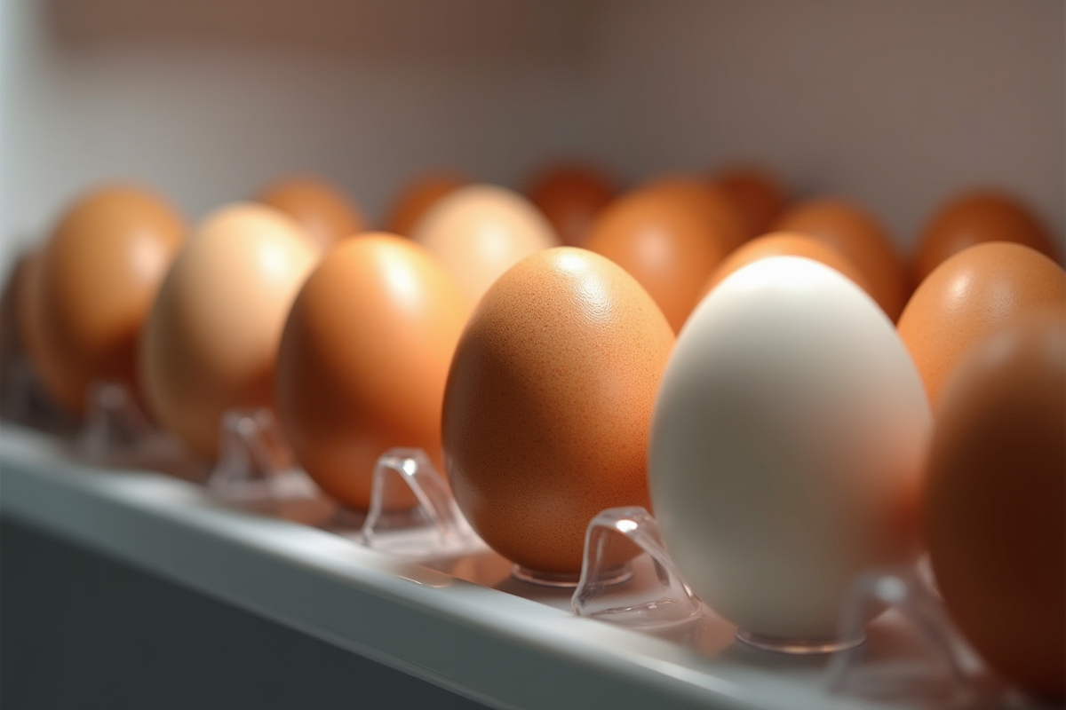 Douzaine d'oeufs dans un réfrigérateur avec lumière naturelle