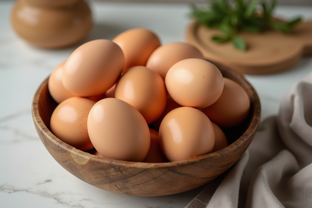 Oeufs frais dans un bol en bois sur un plan de cuisine lumineux
