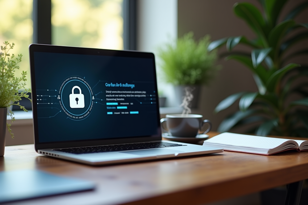Bureau cosy avec ordinateur portable affichant un VPN