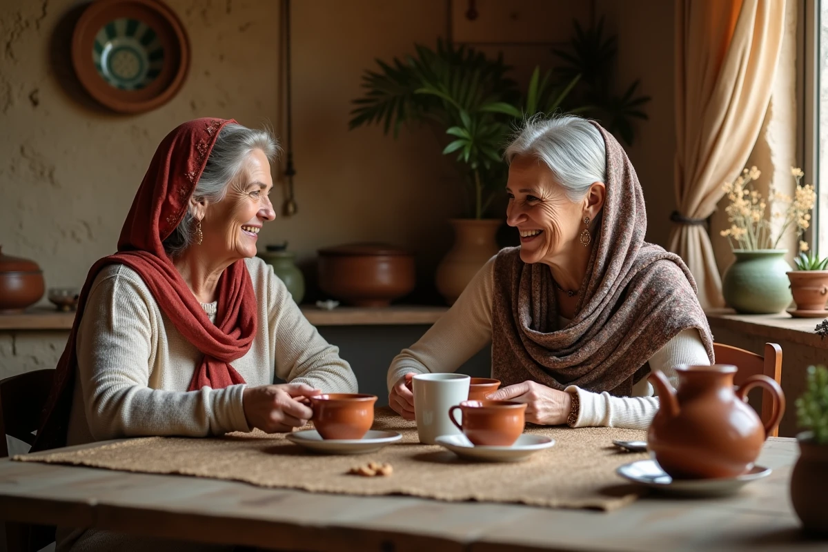 Mère et fille d'origine marocaine partageant le thé dans une cuisine familiale traditionnelle, symbolisant les racines et l'héritage culturel