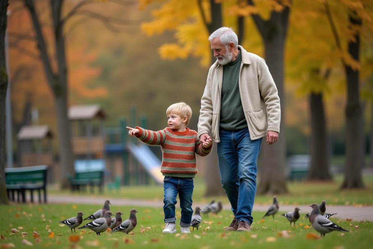 Pere et fils marchant dans un parc d automne