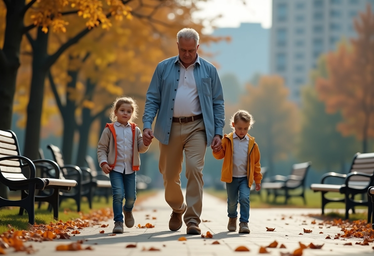 Père et enfants dans un parc en automne