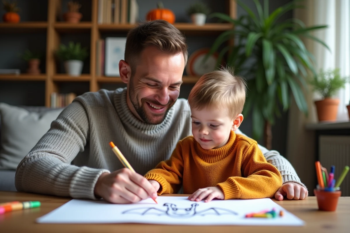 Père et fils dessinant un chauve-souris ensemble à la maison