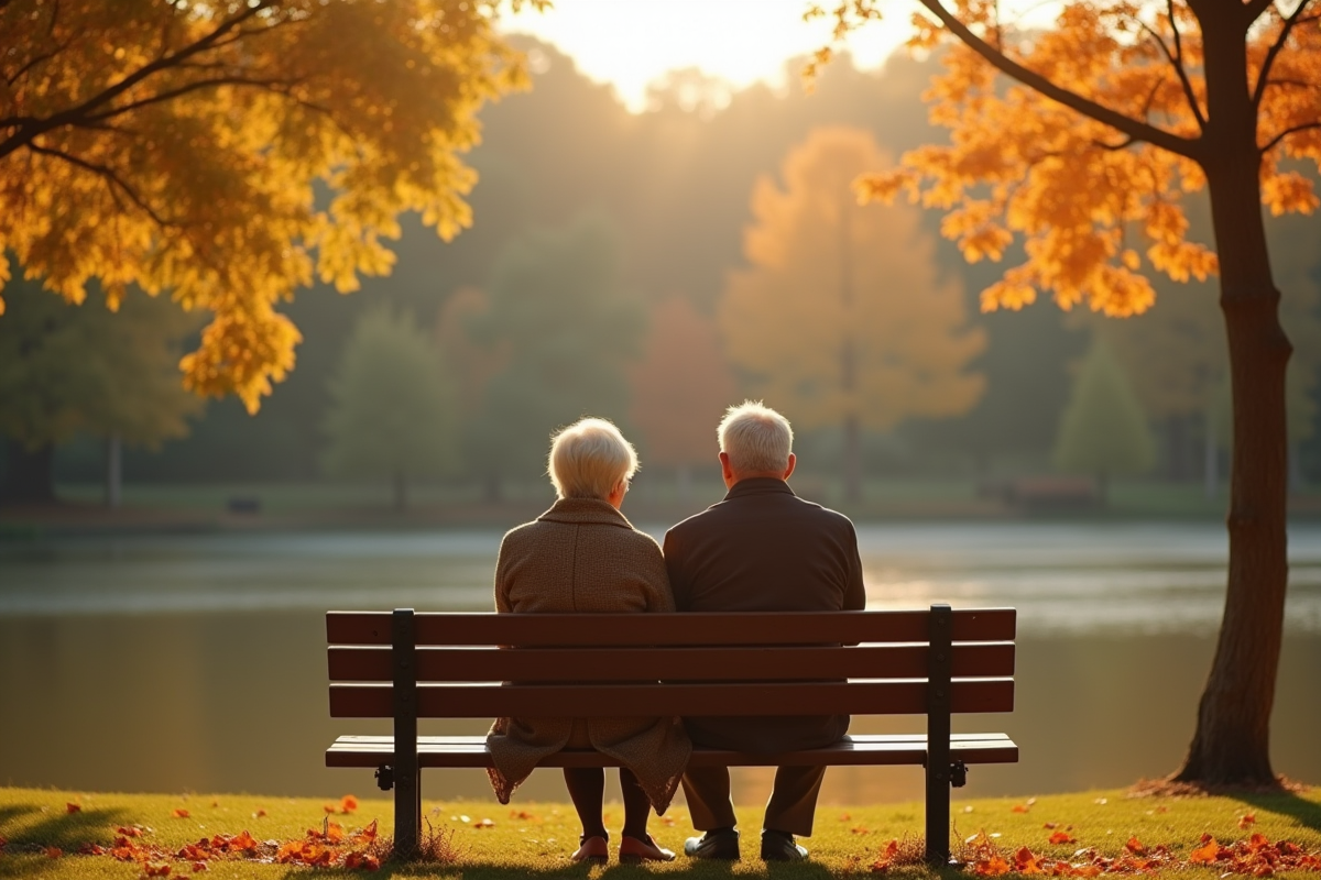 Couple retraité dans un parc automnal au bord du lac