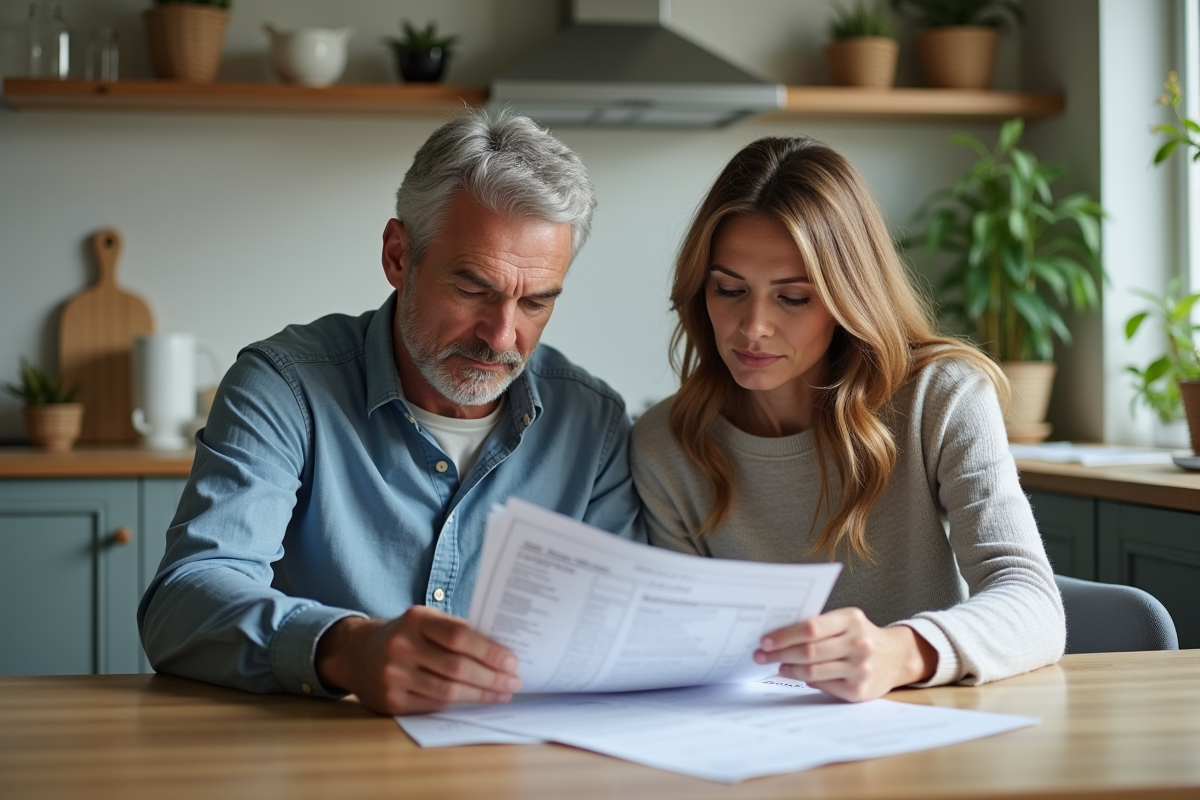 Parents regardant un document de frais universitaires à la maison