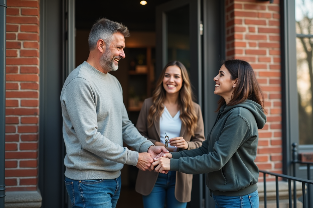 Homme donnant des clés à un couple devant un immeuble en ville
