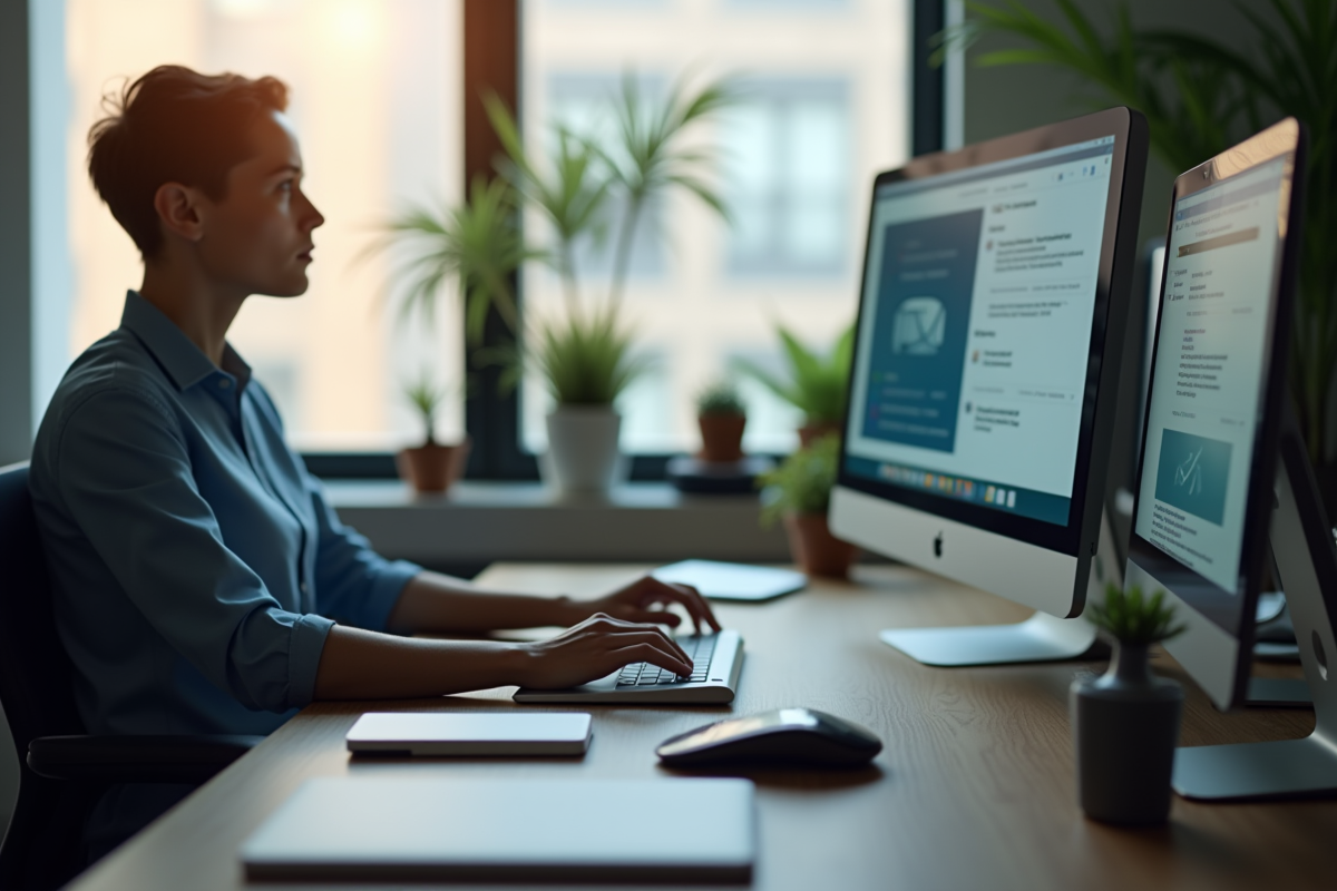 Personne travaillant sur un ordinateur dans un bureau lumineux