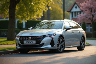 Voiture Peugeot 508 SW argentée sur une rue résidentielle en journée
