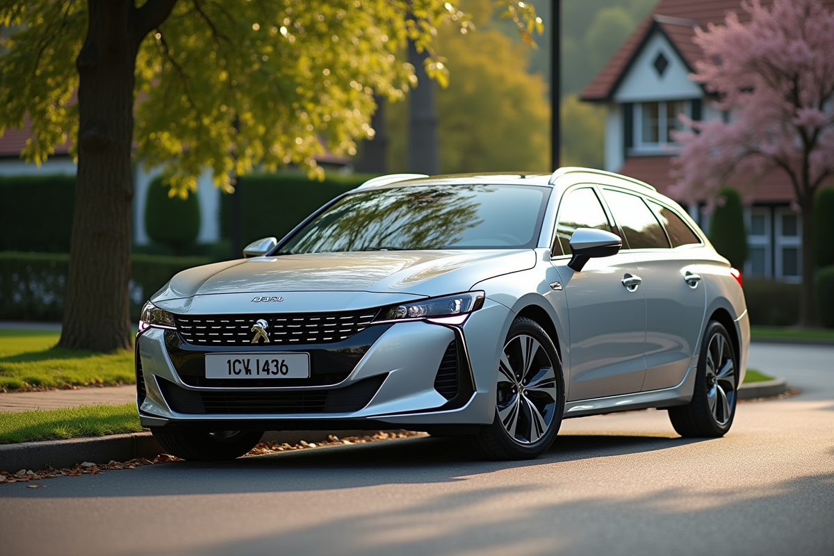 Voiture Peugeot 508 SW argentée sur une rue résidentielle en journée