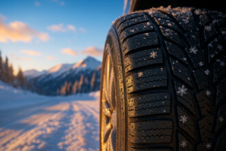 Photo hyperrealiste d'un pneu hiver avec neige et eau sur la route de montagne au lever du soleil