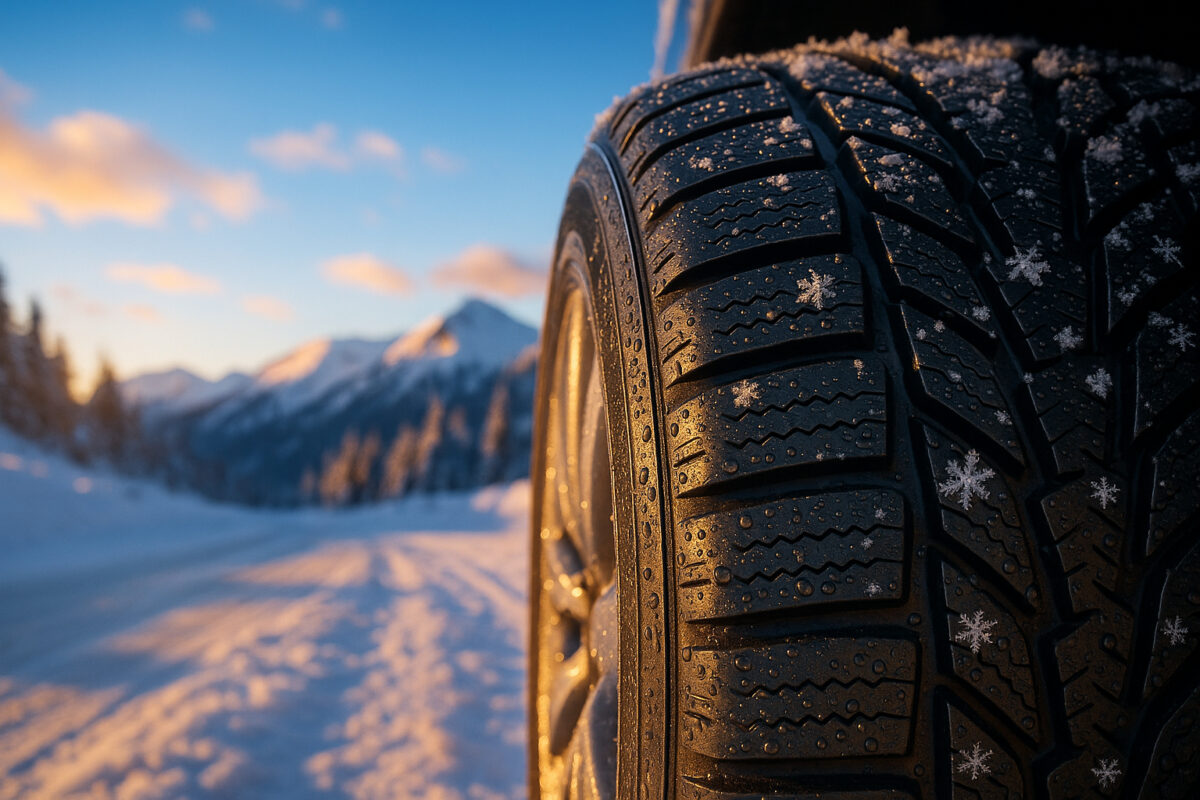 Photo hyperrealiste d'un pneu hiver avec neige et eau sur la route de montagne au lever du soleil