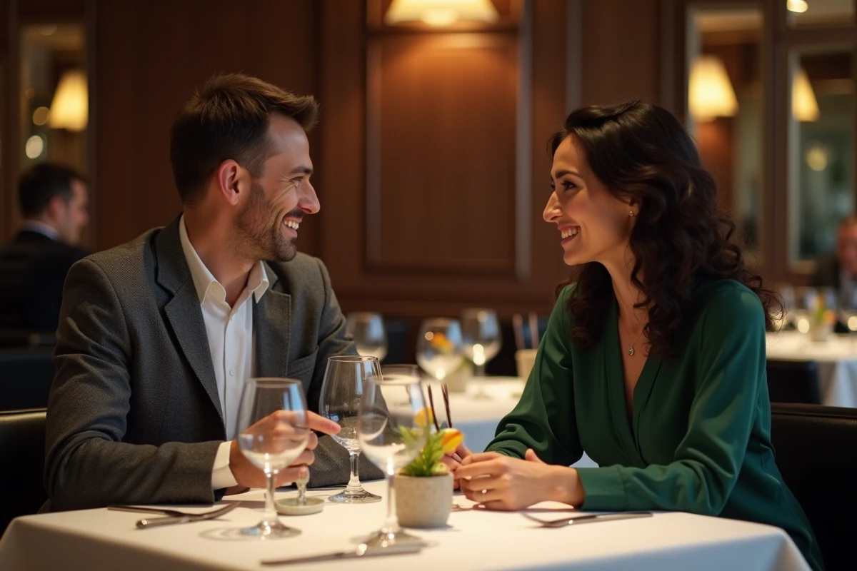 Couple se rencontrant pour un premier rendez-vous dans un restaurant haut de gamme après une connexion via un site élite