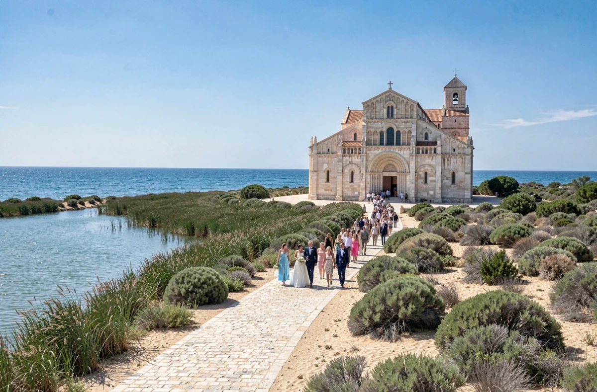 La Presqu'île de Maguelone avec sa cathédrale romane en pierre entre mer et étang, lieu de réception unique près de Montpellier