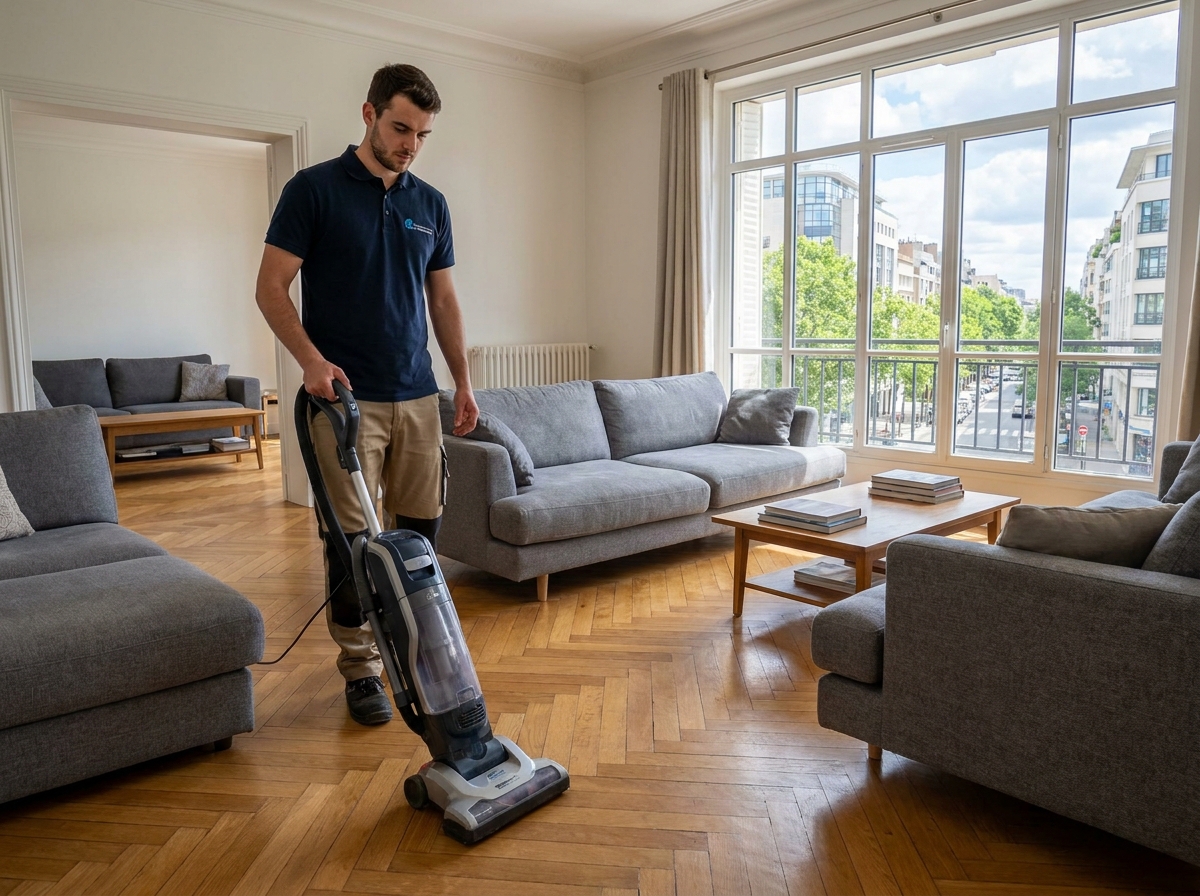 Prestataire de ménage à domicile passant l'aspirateur dans le salon d'un appartement à Courbevoie