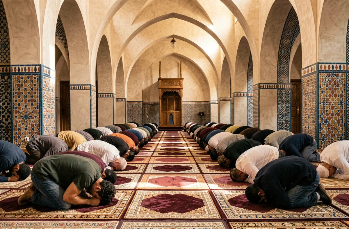 Fidèles en prière collective alignés dans une mosquée traditionnelle à Marseille