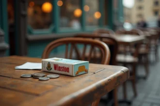Paquet de cigarettes Winston posé sur une table de café en Allemagne avec des pièces en euros et un ticket de caisse, évoquant le prix et le budget tabac 2026