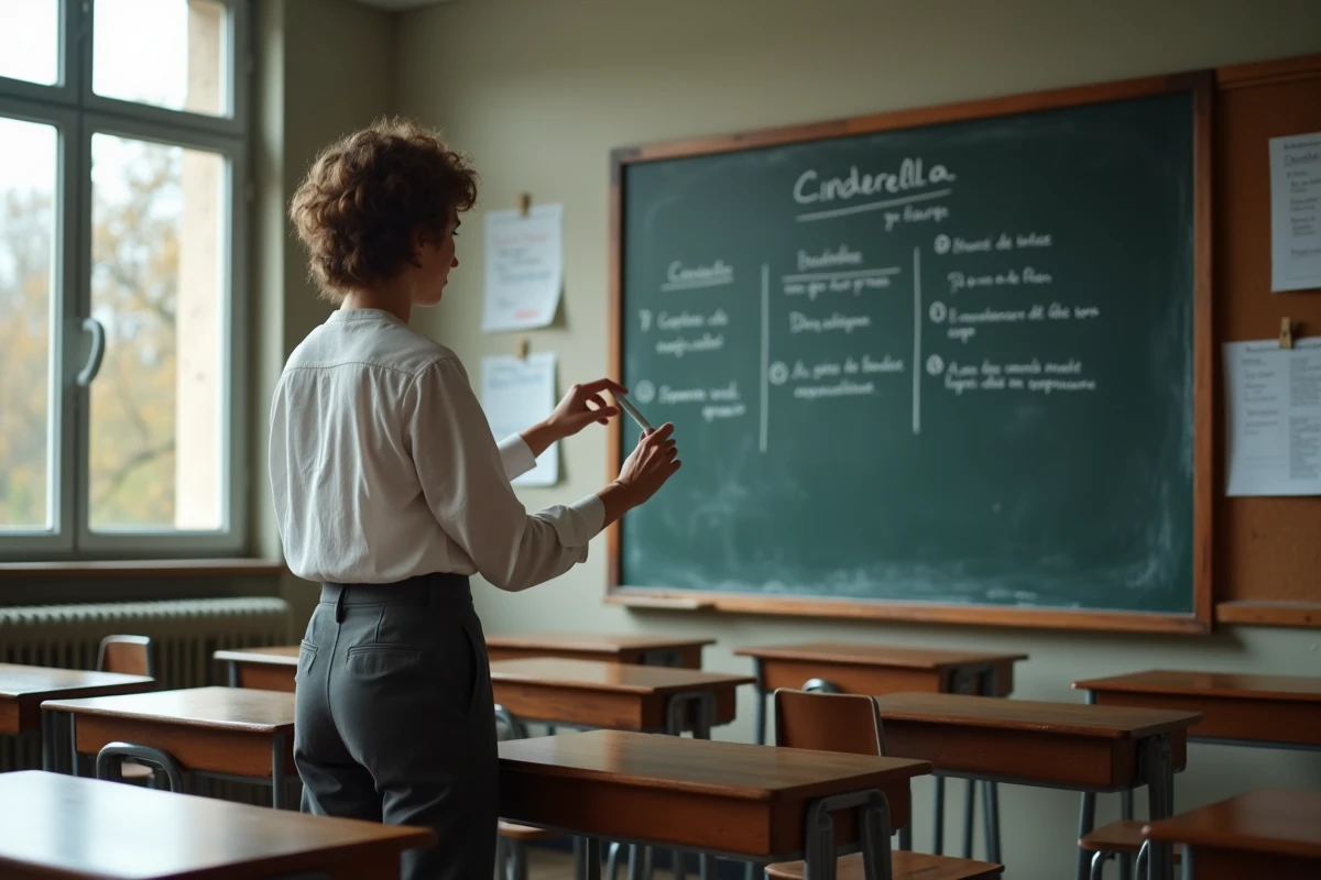 Professeure de français expliquant l'analyse du conte Cendrillon de Perrault au tableau dans une salle de classe pour la préparation au brevet