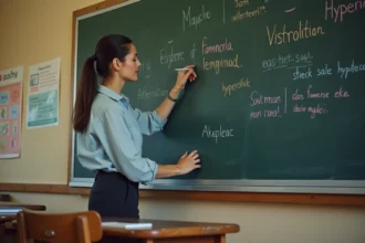 Professeure écrivant des figures de style au tableau noir dans une salle de classe française