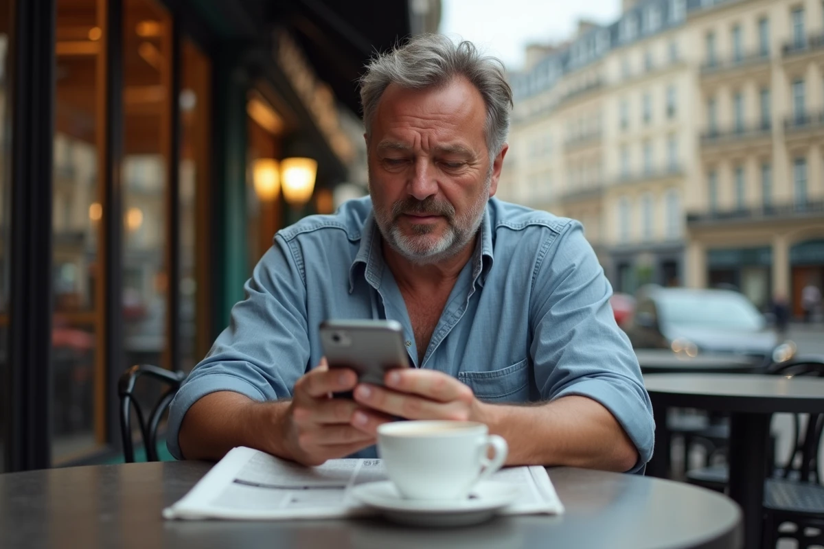 Homme lisant les actualités sur son téléphone en terrasse de café parisien, exprimant une réaction pensif face à une polémique médiatique française