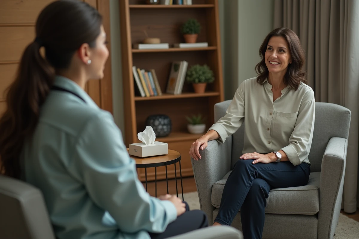Femme en consultation chez un thérapeute dans un bureau chaleureux, illustrant le recours à un professionnel pour se sortir d'une situation de manipulation