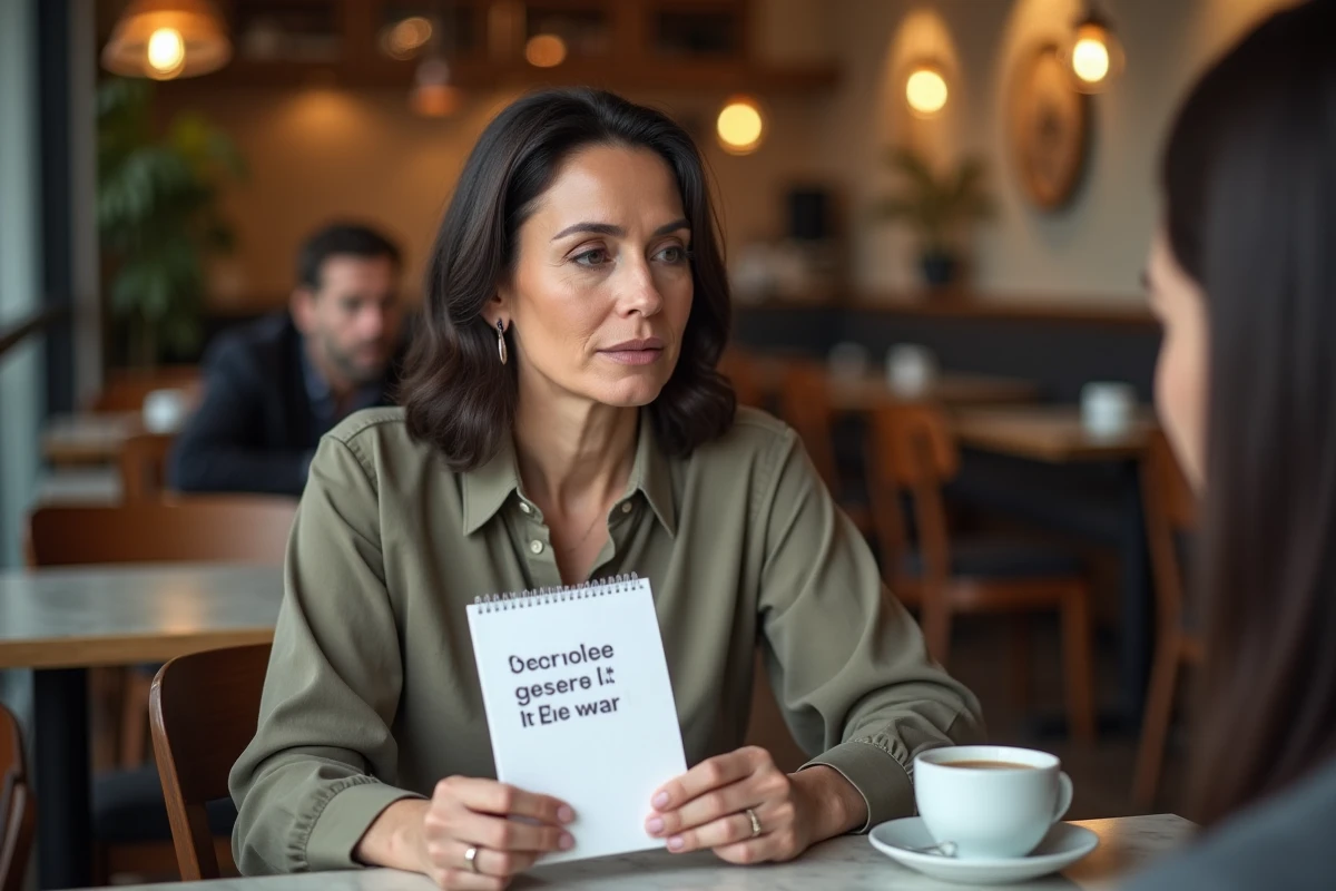 Femme dans un café tenant un carnet de reformulation neutre, illustrant la technique de reformulation des propos manipulateurs pour désamorcer leur impact