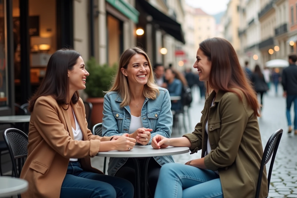 Trois femmes réunies en terrasse de café, riant et se soutenant mutuellement, représentant un réseau social solide face à l'isolement imposé par un manipulateur