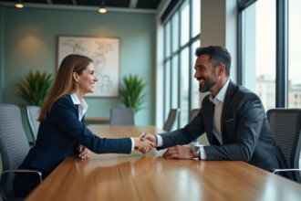 Deux professionnels en réunion d'affaires se serrant la main dans un bureau moderne
