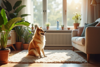 Salon chaleureux avec un chien finlandais Spitz sur un tapis