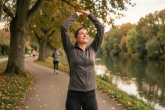 Femme qui s'étire après une course à pied sur les bords de rivière à Cholet pour décompresser après le travail