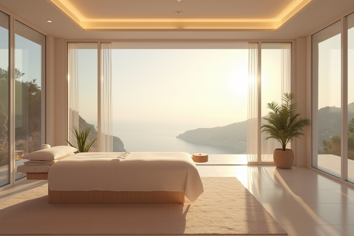 Salon spa intérieur avec vue sur la Riviera française