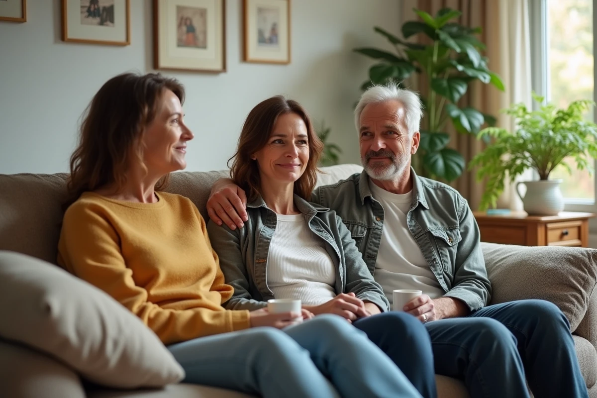Trois personnes réunies calmement dans un salon chaleureux, illustrant la stabilité émotionnelle de l'entourage comme soutien contre les manipulations
