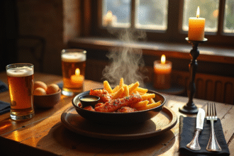 Table rustique avec carbonade flamande et bière belge