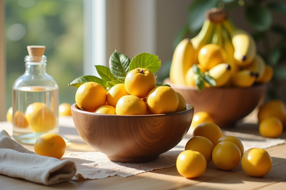 Table en bois avec bananes yuzu et prunes jaunes