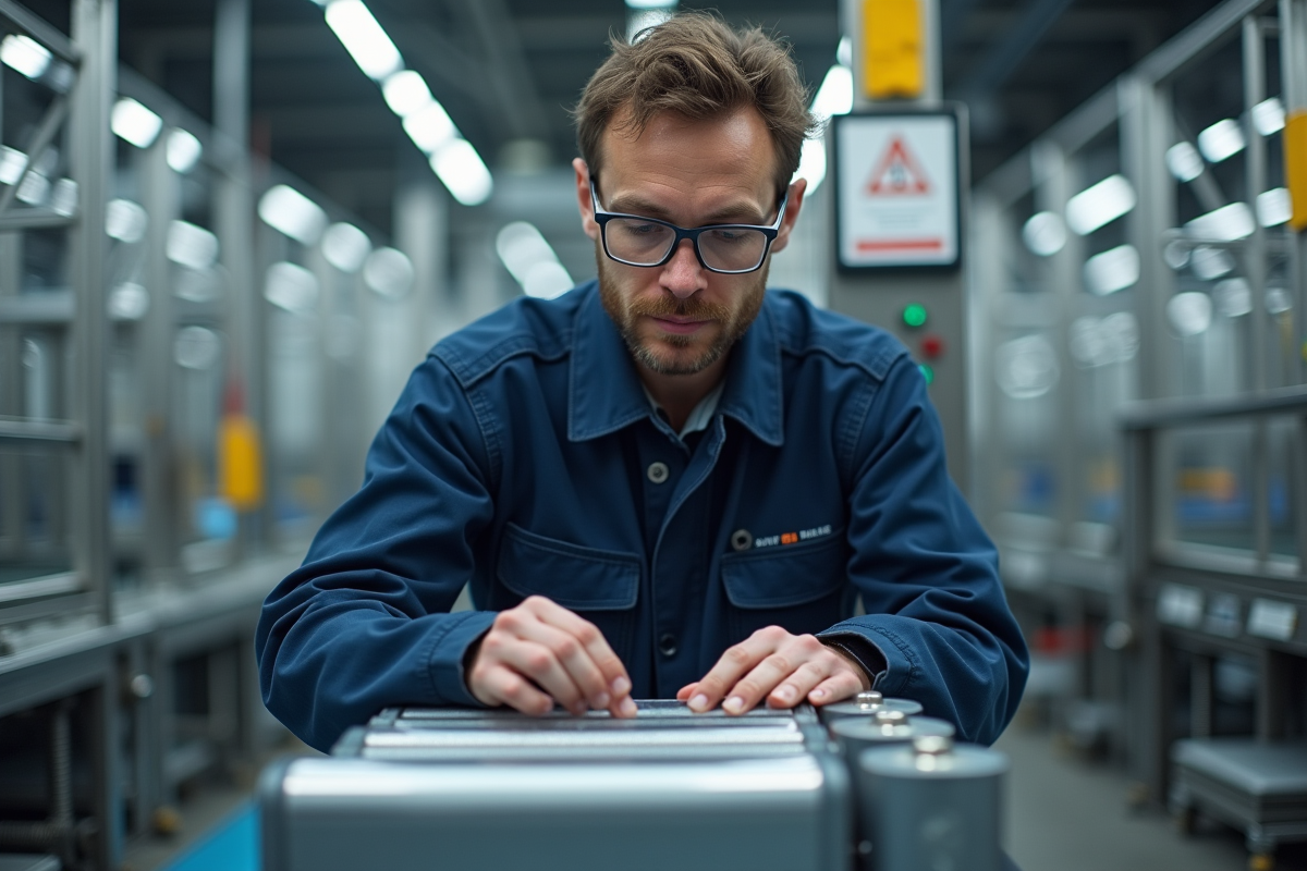 Technicien français inspectant des batteries en usine
