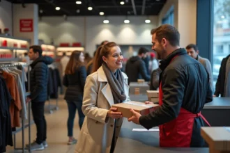 Femme souriante recevant un colis au comptoir d'une boutique
