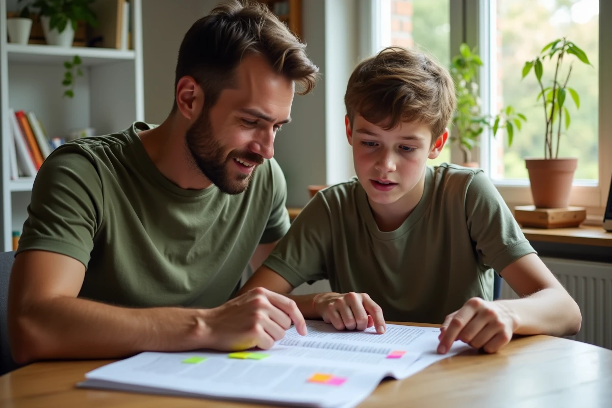 Tuteur expliquant les figures de style à un élève sur une fiche de révision colorée