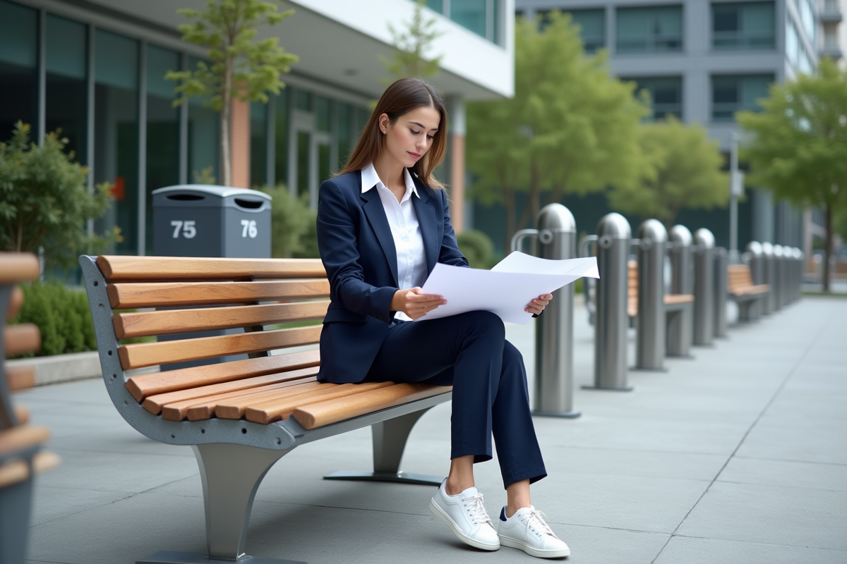 Jeune urbaniste en pantalon navy et baskets blanches sur un banc public