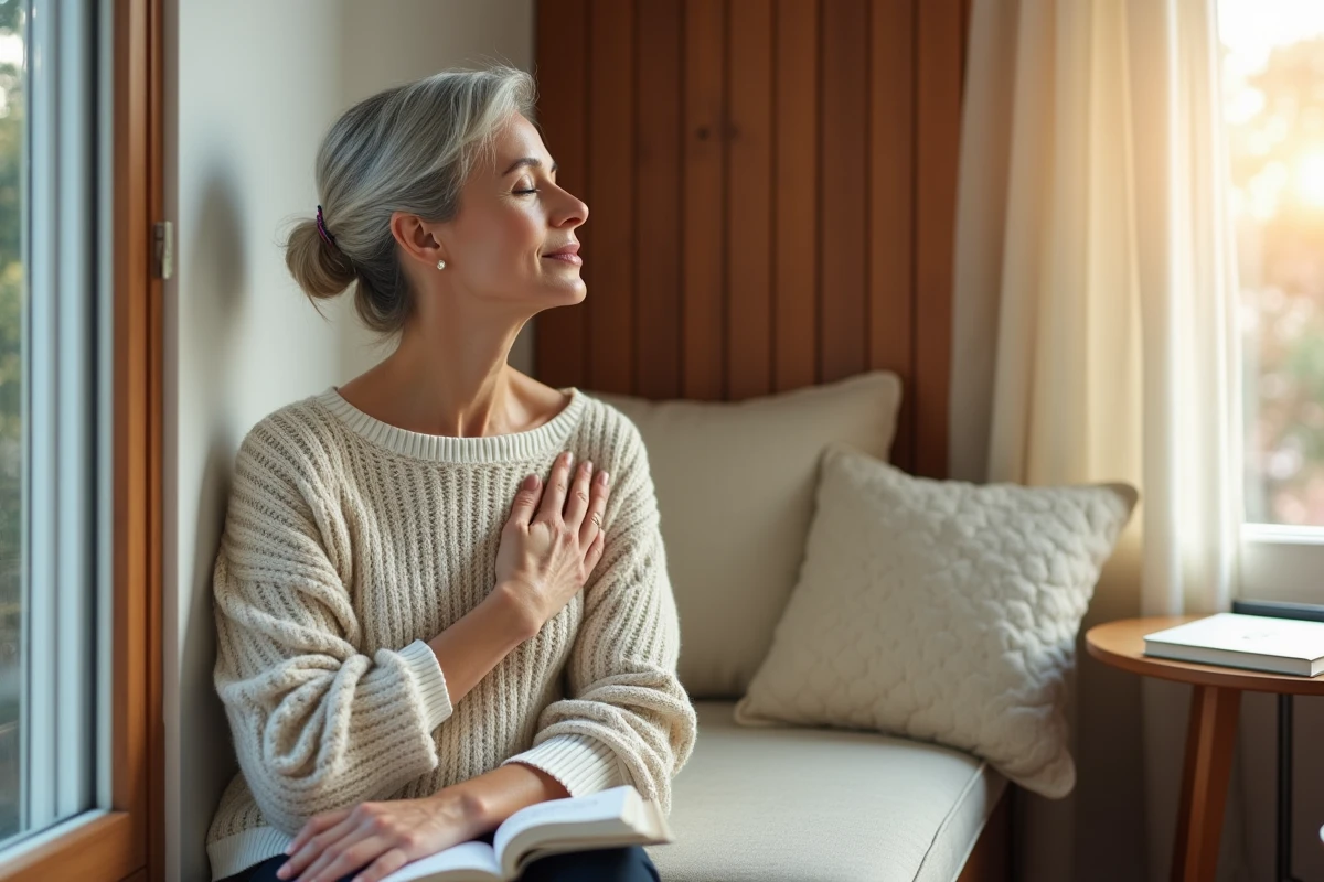 Femme seule près d'une fenêtre, main sur le cœur et yeux fermés, symbolisant la validation émotionnelle interne comme rempart contre la manipulation