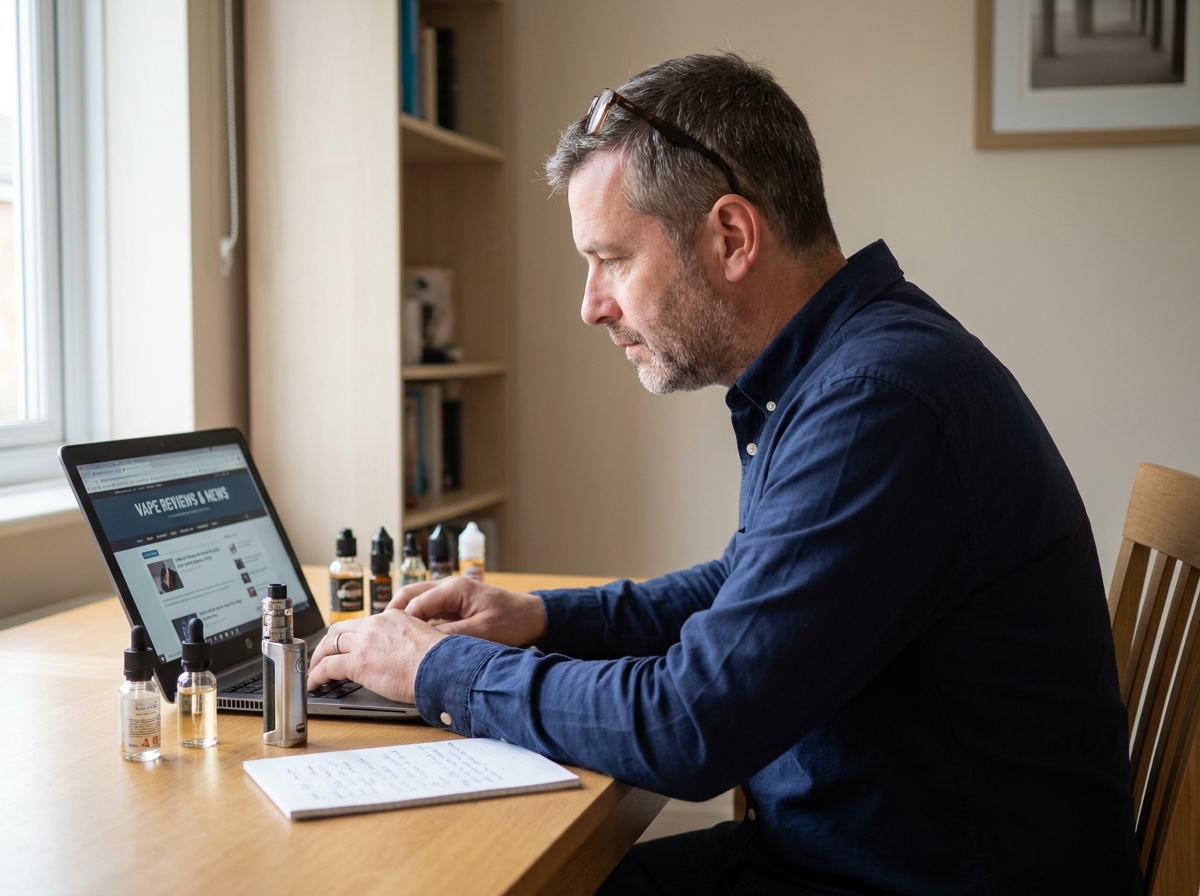 Homme vapoteur expérimenté recherchant des informations sur les e-liquides depuis son bureau à domicile