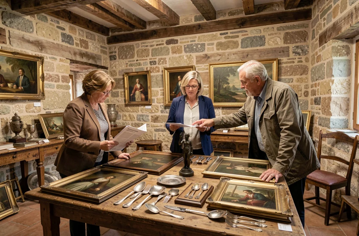 Visiteurs examinant des objets de collection lors d'une vente aux enchères en salle en France