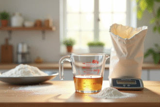 Verre mesureur rempli de liquide sur plan de cuisine lumineux