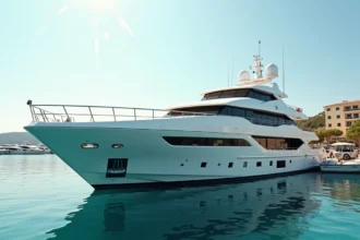 Yacht de luxe amarré dans une marina méditerranéenne contrastant avec des bateaux de pêche modestes, illustrant le débat sur la fortune des célébrités médiatiques